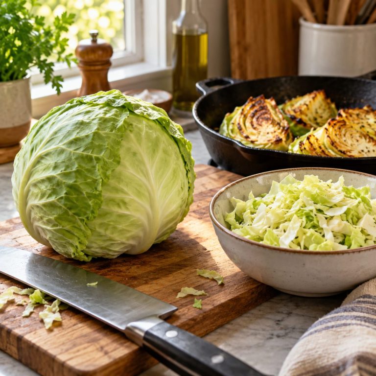 A fresh green cabbage, safely resting chef knife, chopped cabbage in a bowl and golden roasted cabbage wedges in a skillet on a home kitchen counter